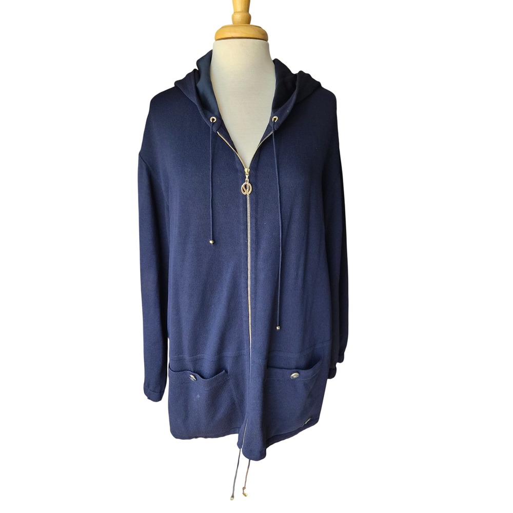 St. John Sport Marie Gray Navy Blue Knit Full Zip Hoodie Satin Trim L